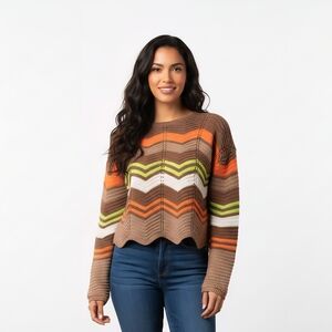 UK2LA Knit Sweater Size L Chevron Zig Zag Pattern Retro Boho Scalloped Hem